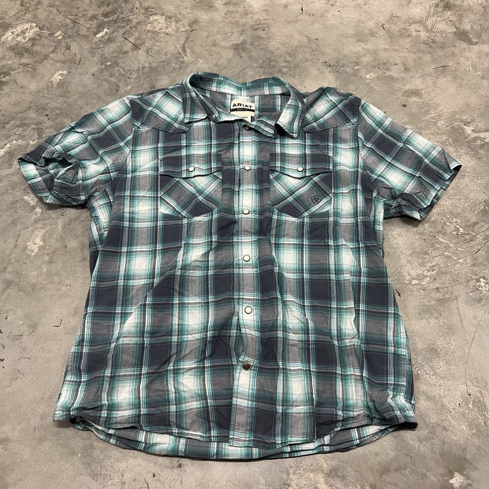 Ariat Retro Fit Men's Harrington Retro Blue Plaid Pearl Snap Shirt - Size Large